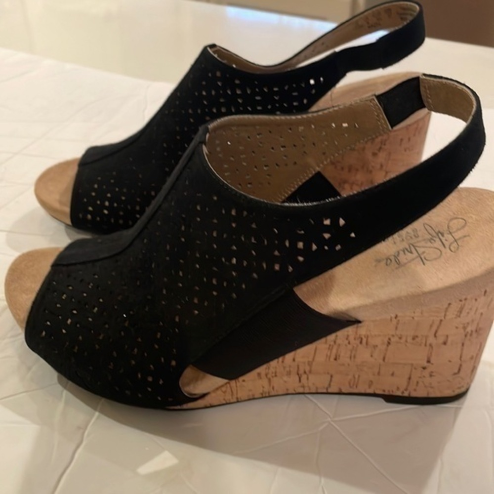 Life Stride Black Perforated Cork Wedge Sandals